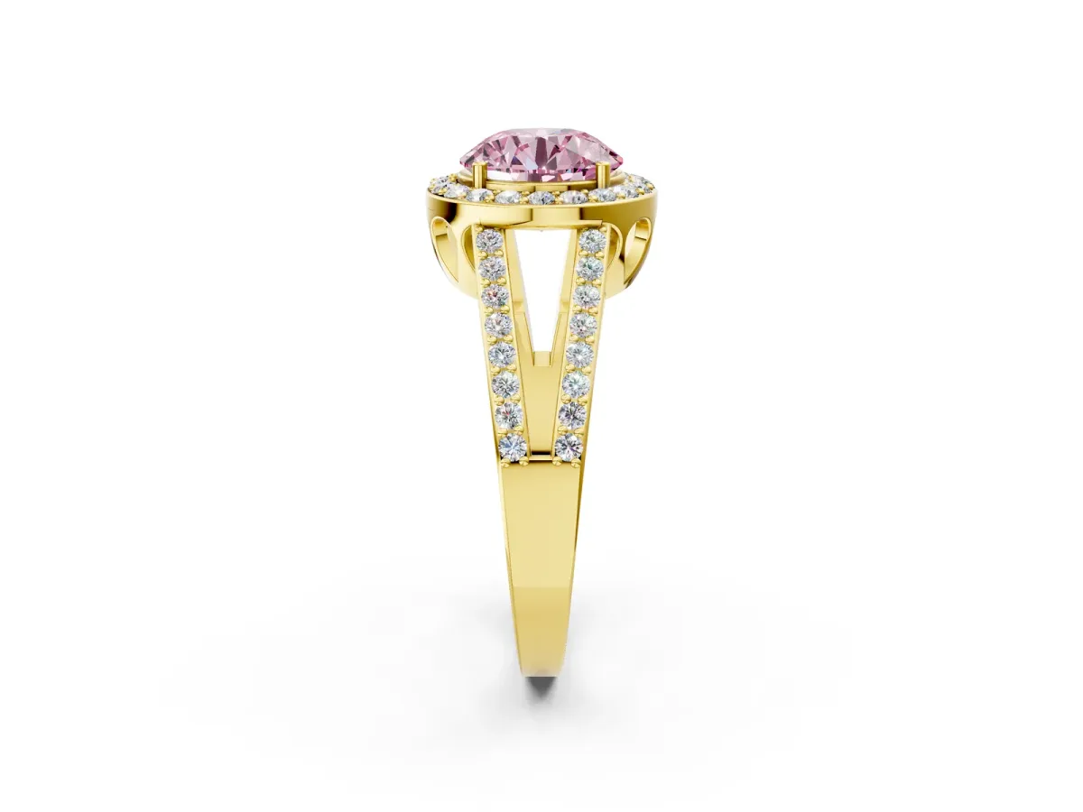 Fancy Pink Round Cut Diamond Halo Ring with Split Shank U-Prong Band and Four-Prong Setting Yellow gold