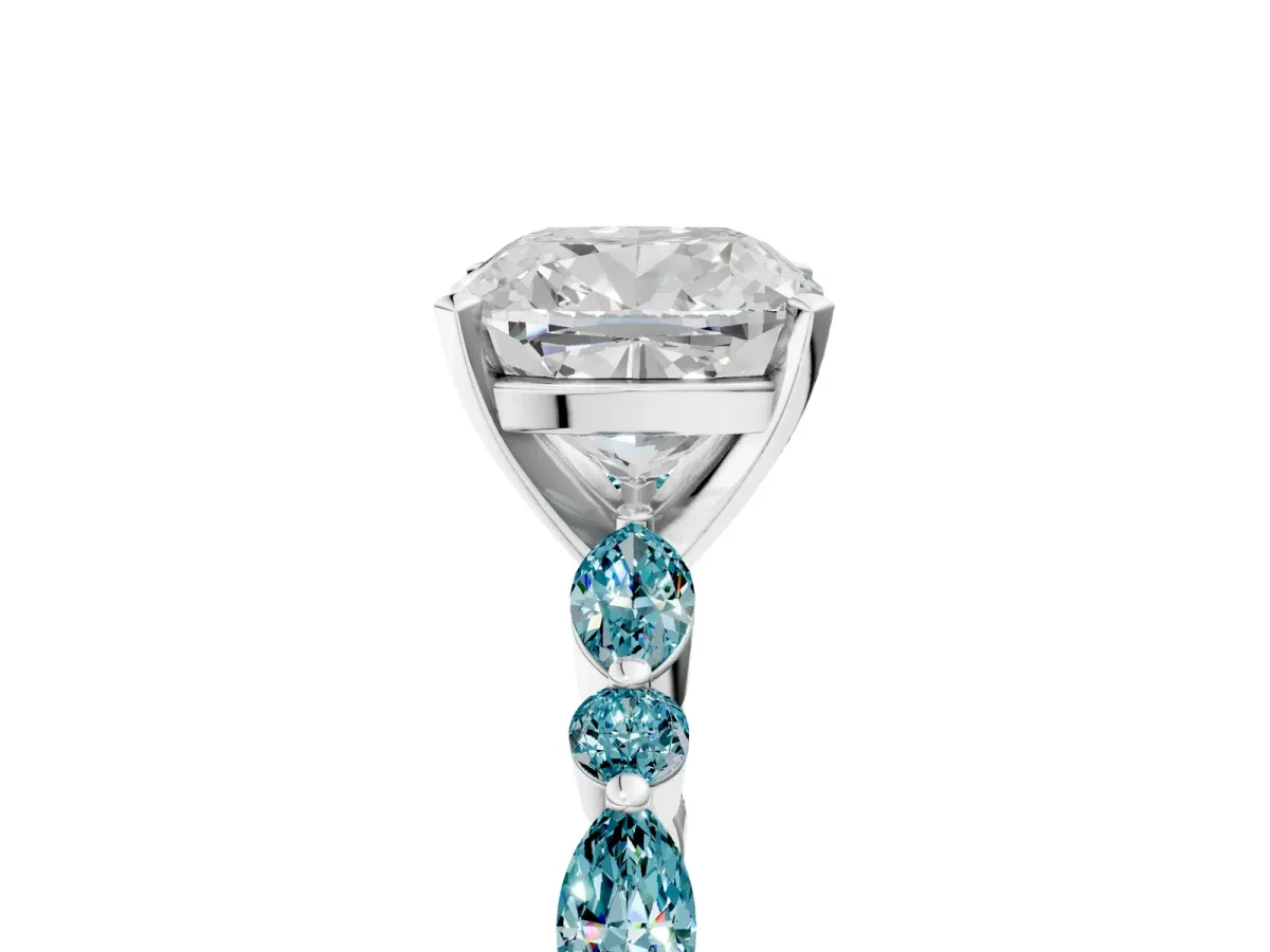 Cushion Cut Diamond Ring with Marquise and Round Blue Topaz Side Stones and Four-Prong Setting White gold