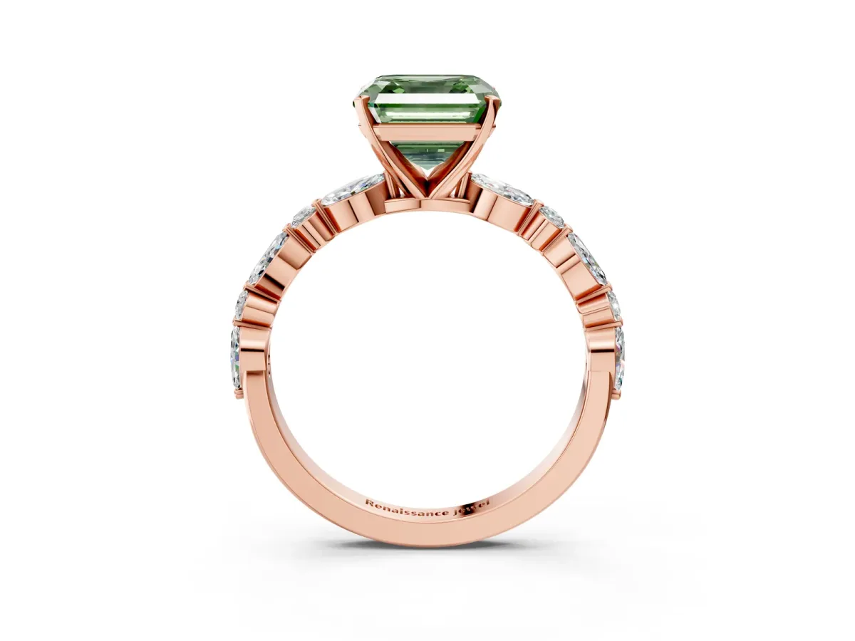 Fancy Green Asscher Cut Diamond Ring with Marquise and Round Side Stones and Four-Prong Setting Rose gold