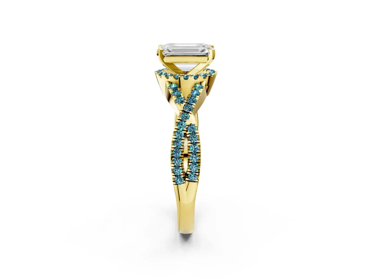 Emerald Cut Diamond Blue Topaz Halo Twist Band Solitaire Prong Setting Ring Yellow gold