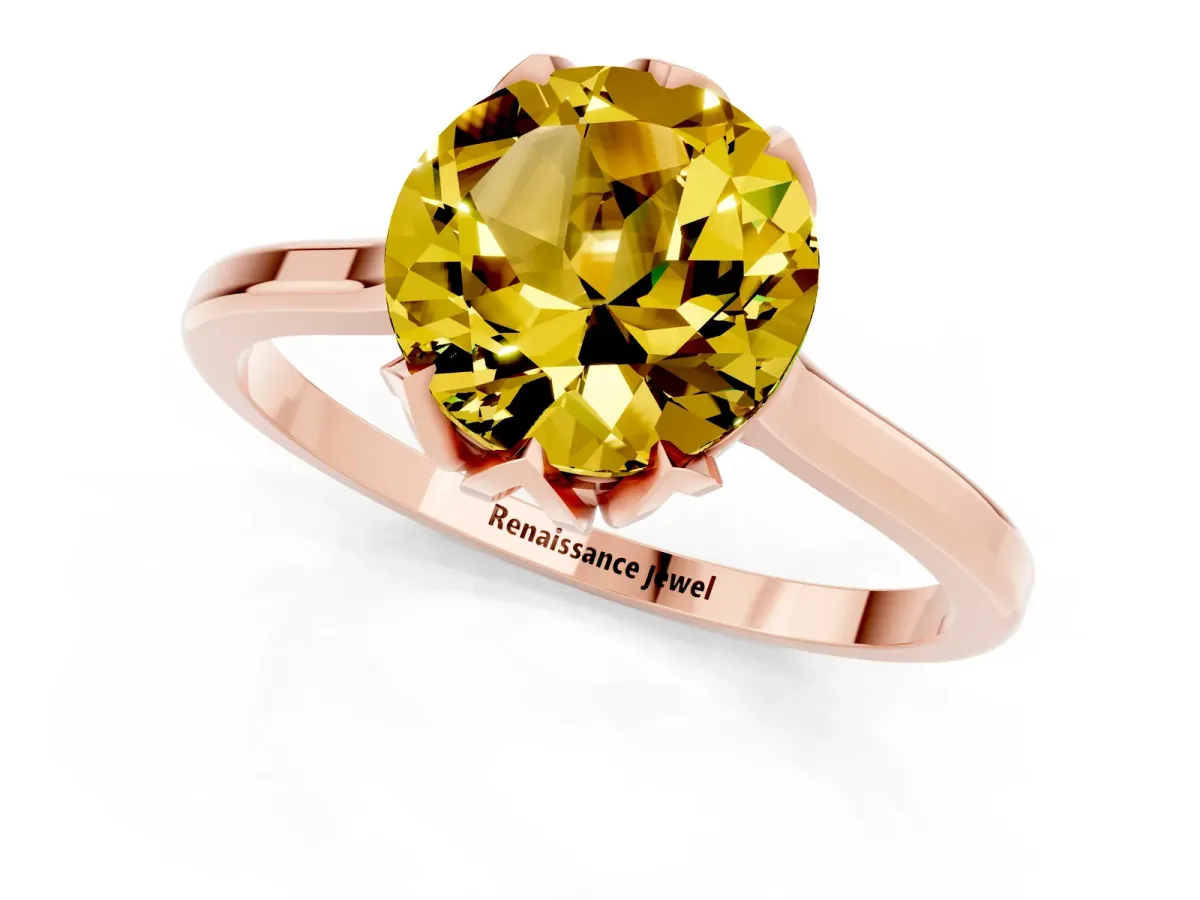 Round Cut Yellow Sapphire Solitaire Ring with Flower Prong Setting and Classic Band Rose gold