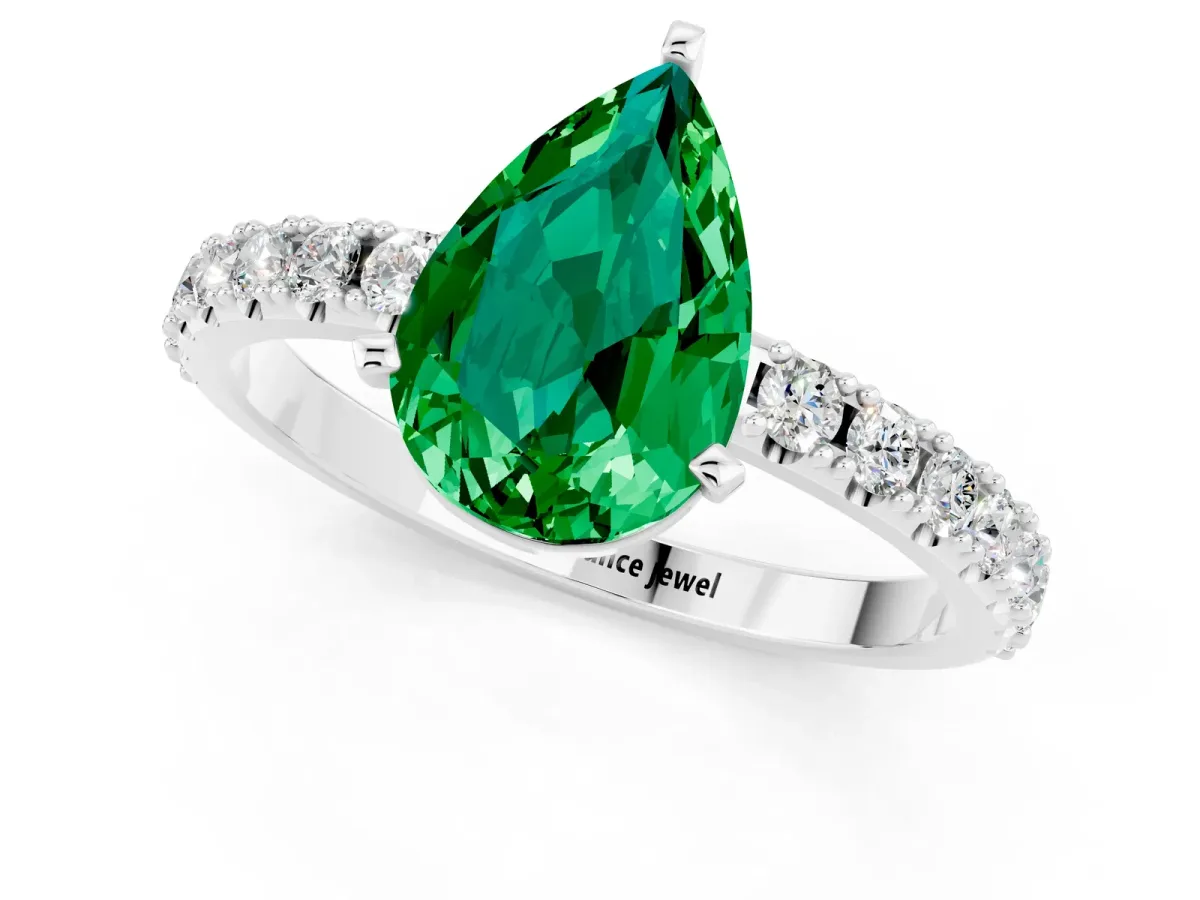 Pear Cut Emerald Solitaire Pavé Band with Four-Prong Setting Platinum