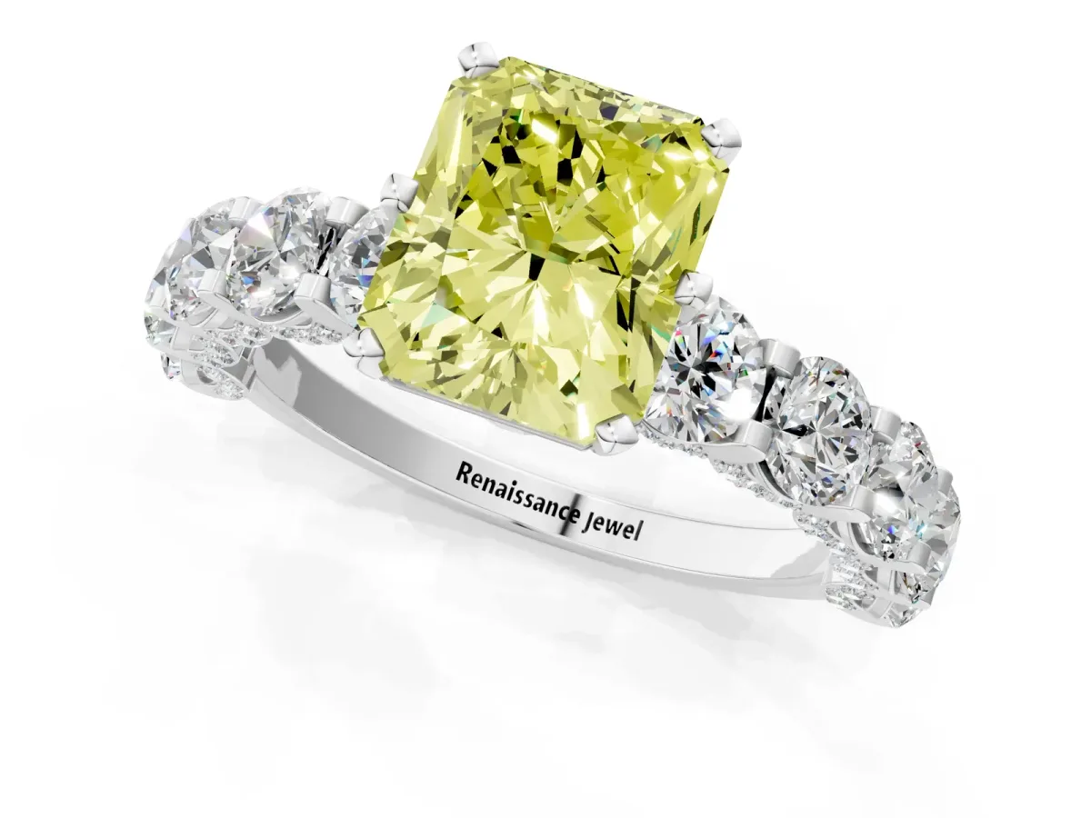 Fancy Yellow Radiant Cut Diamond Side Stone Engagement Ring with Four-Prong Setting Silver