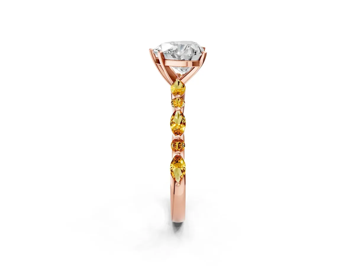 Heart Cut Diamond Ring with Marquise and Round Citrine Side Stones and Four-Prong Setting Rose gold