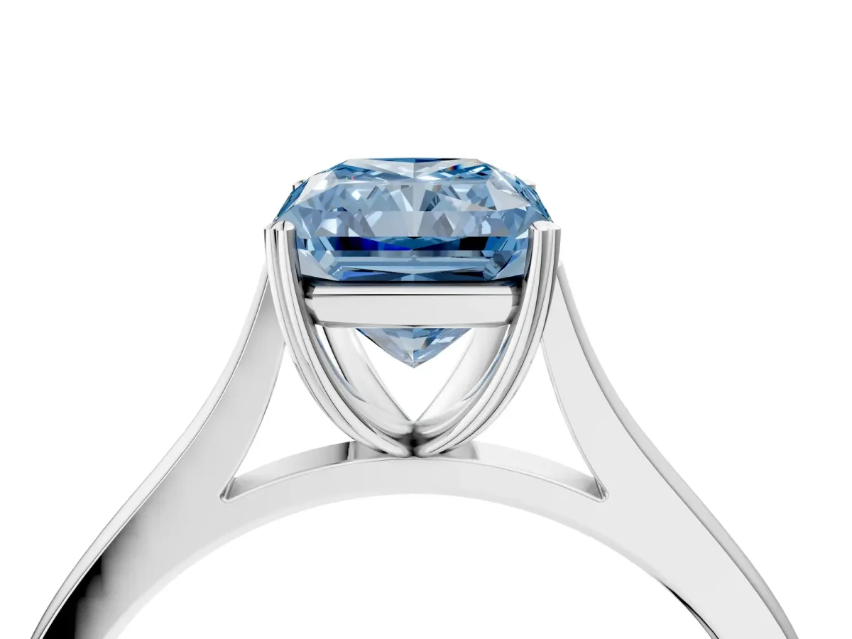 Fancy Blue Radiant Cut Solitaire Heart Prong Engagement Ring with Tapered Band Platinum
