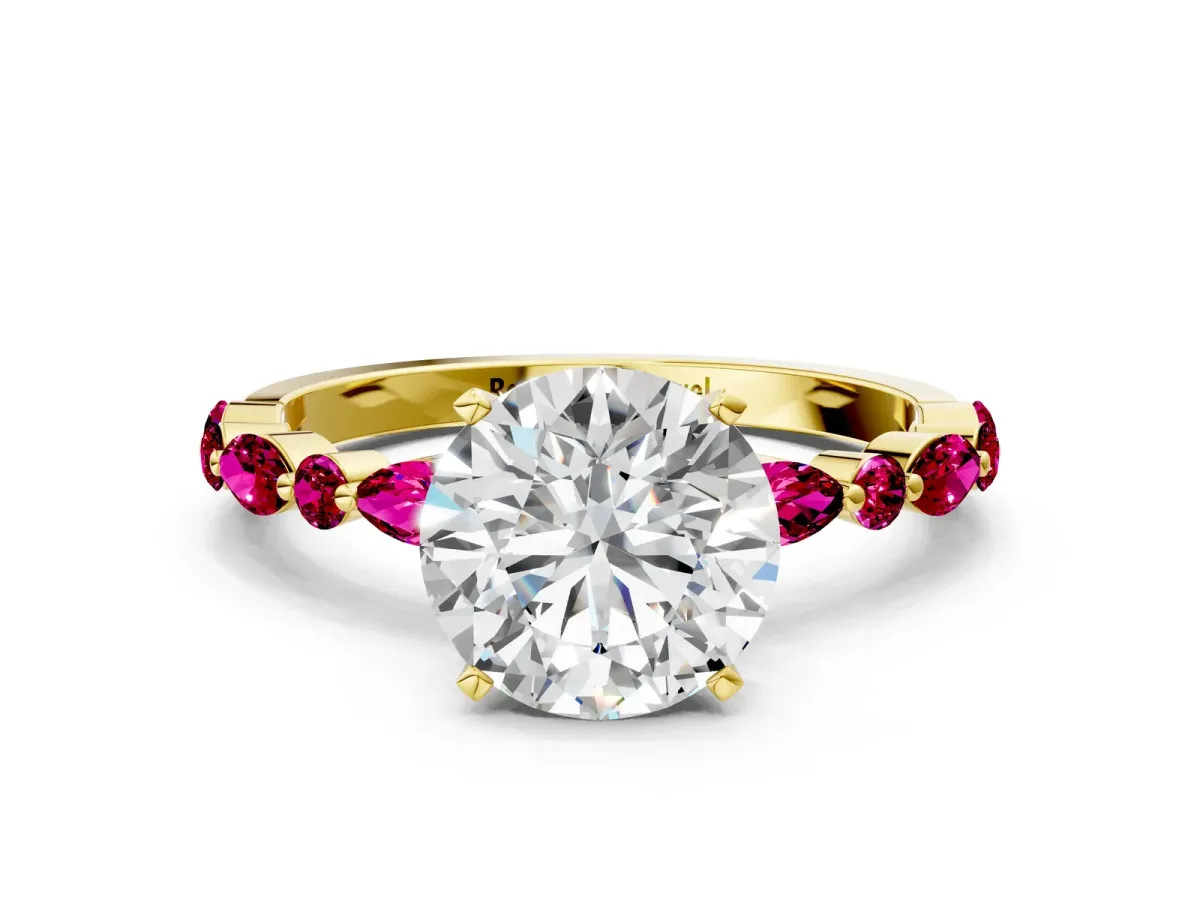 Round Cut Diamond Ring with Marquise and Round Garnet Side Stones and Four-Prong Setting Yellow gold