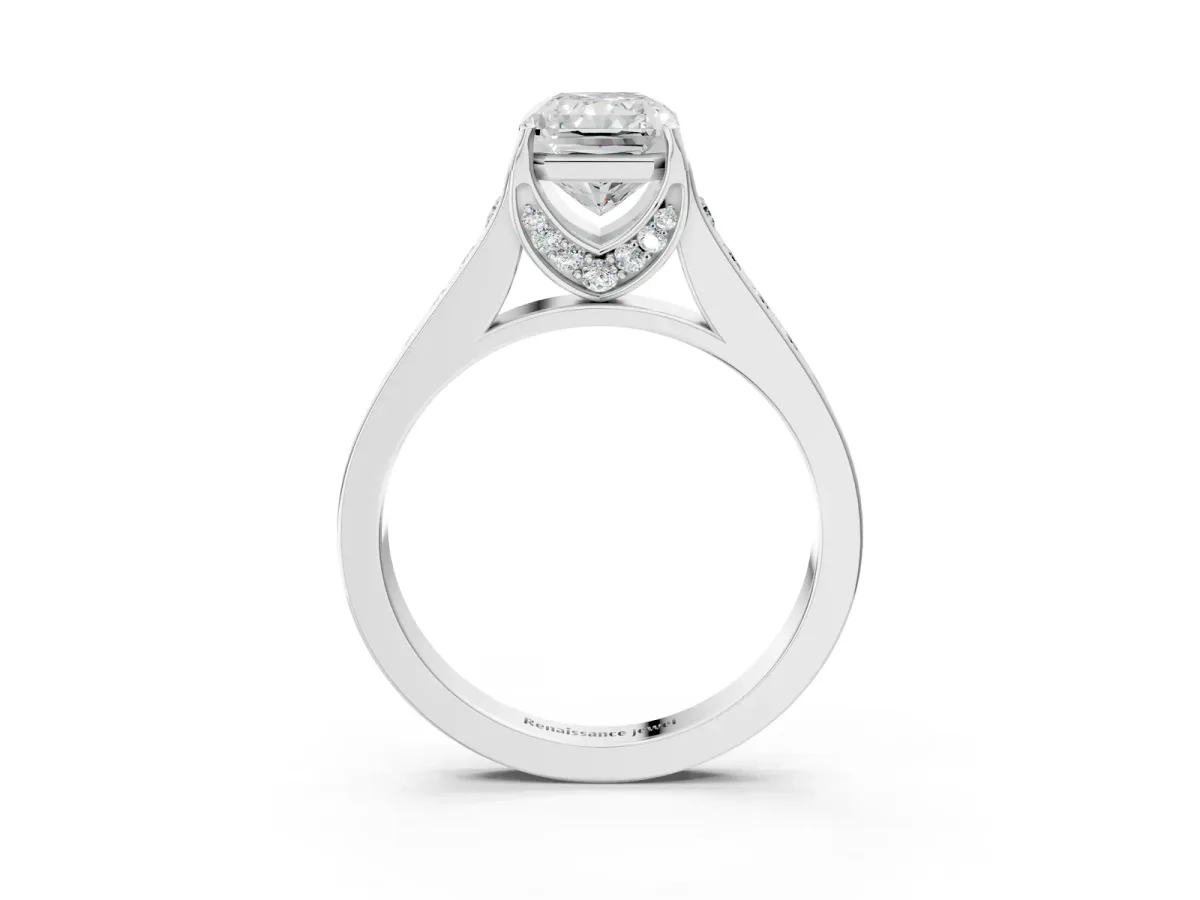 Radiant Cut Brilliant Cut Diamond Engagement Ring with Pavé Band and Four-Prong Setting Platinum