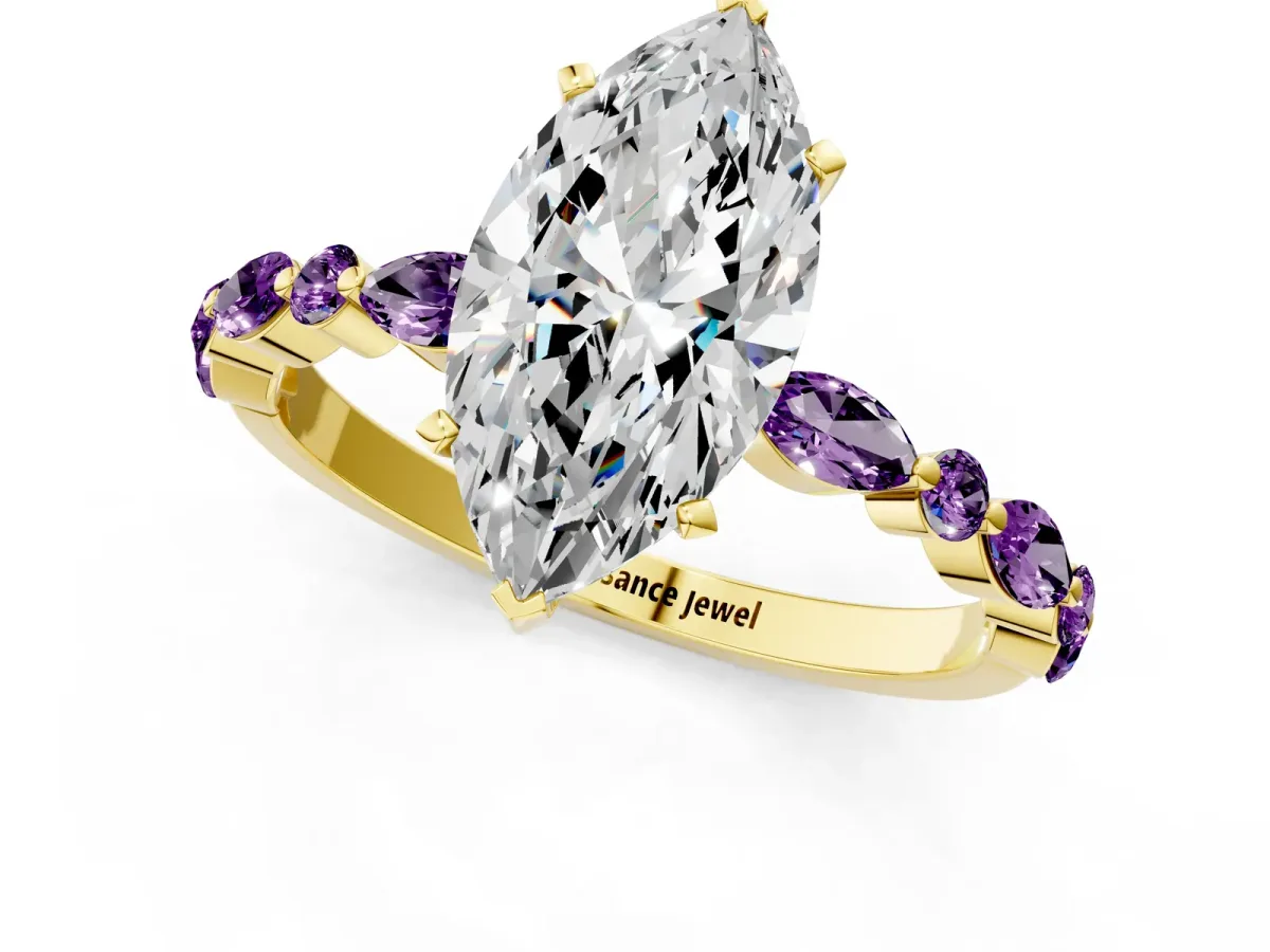 Marquise Cut Diamond Ring with Marquise and Round Amethyst Side Stones and Four-Prong Setting Yellow gold