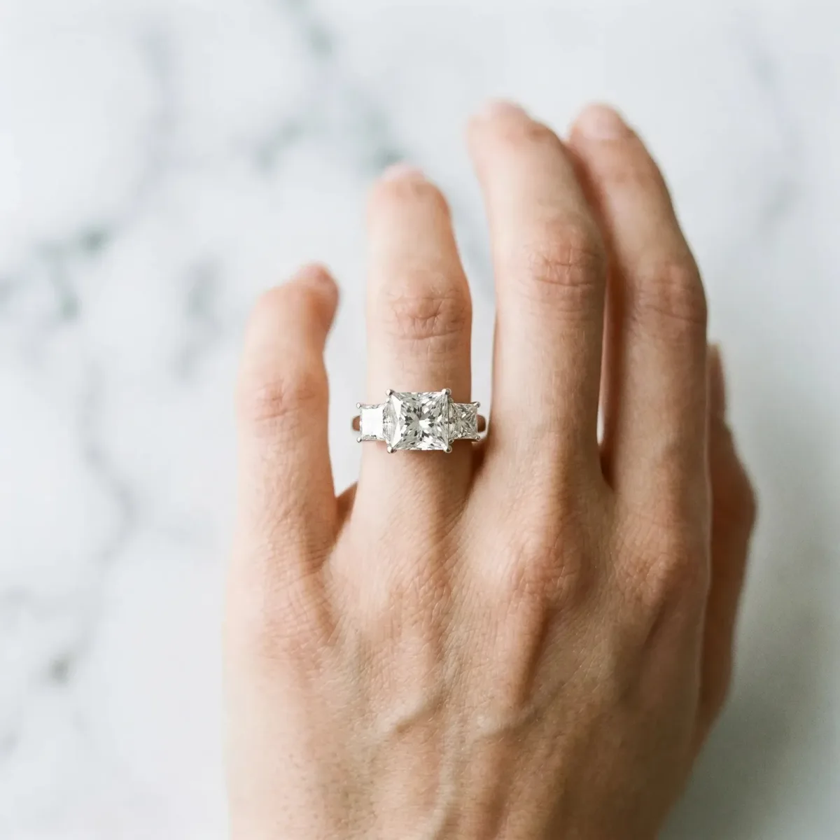 Three-Stone Princess Cut Diamond Engagement Ring with Prong Setting White gold