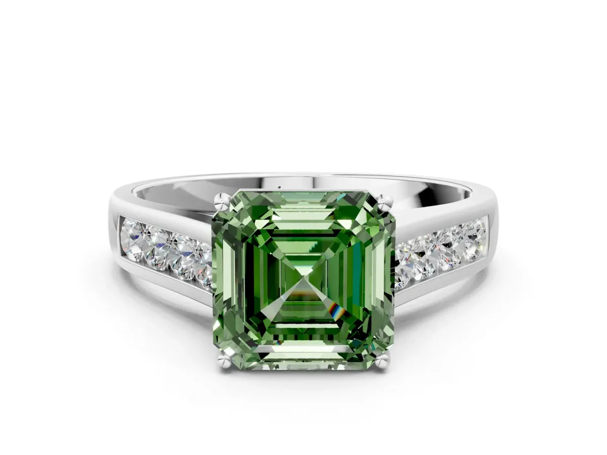 Fancy Green Asscher Cut Solitaire Channel-Set Diamond Engagement Ring with Four-Prong Setting Platinum