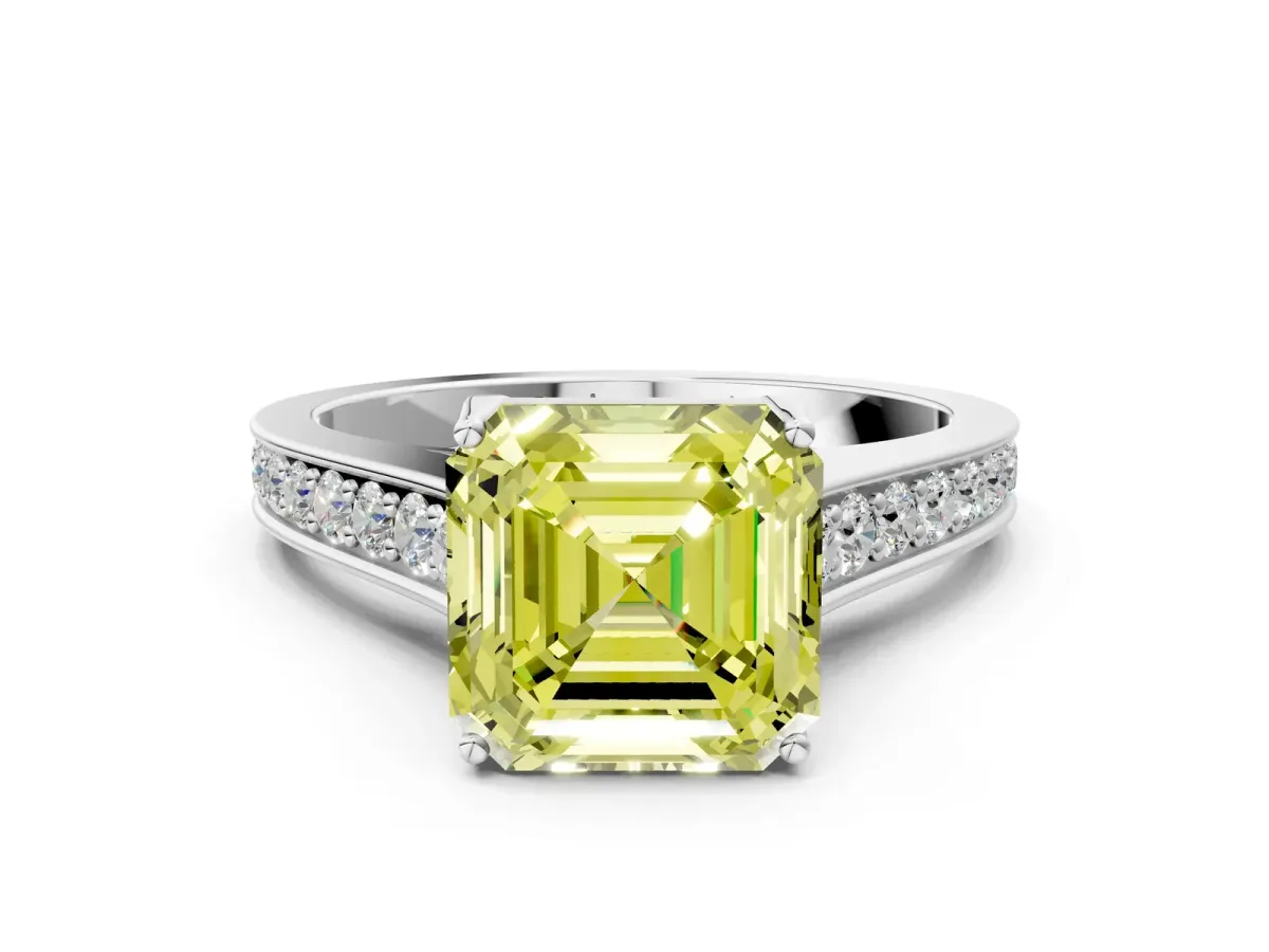 Fancy Yellow Asscher Cut Brilliant Cut Diamond Engagement Ring with Pavé Band and Four-Prong Setting Platinum