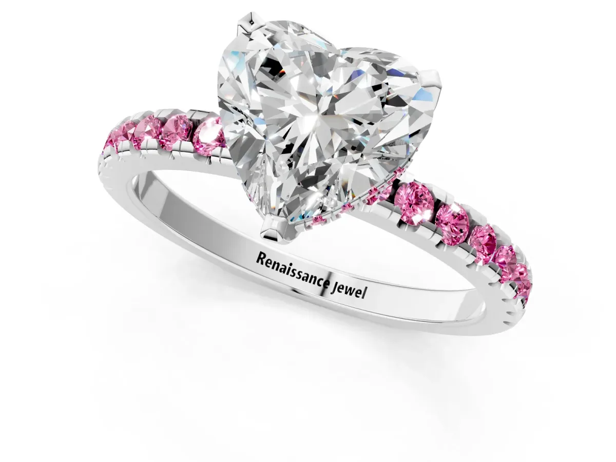 Heart Cut Diamond Solitaire Ring with Round Pink Sapphire Pavé Band and Four-Prong Setting Platinum