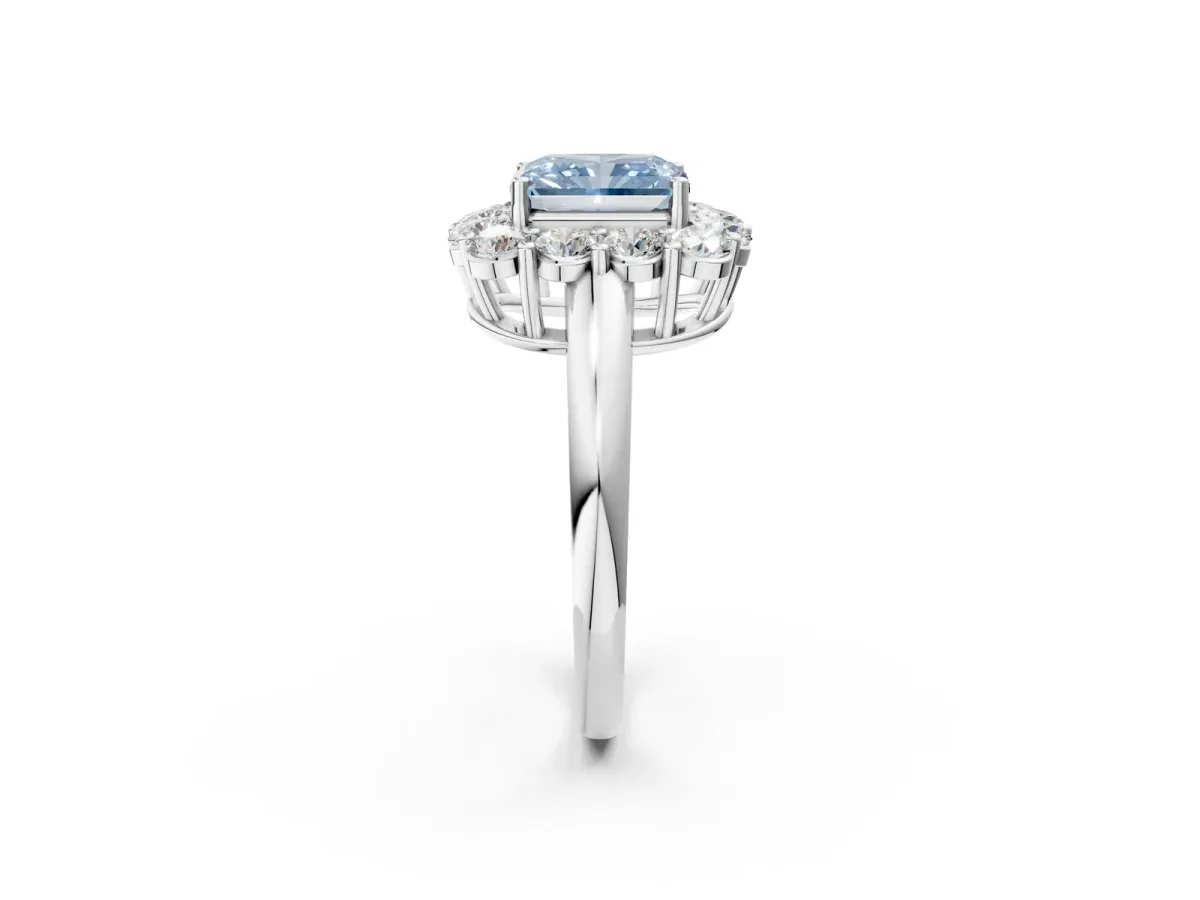 Fancy Blue Radiant Cut Halo Cluster Diamond Engagement Ring with Prong Setting and Polished Band Platinum