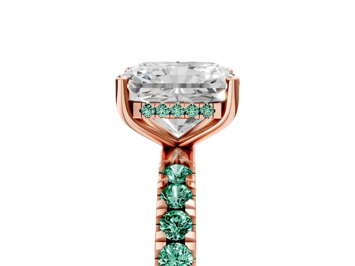Radiant Cut Diamond Pave Band Solitaire Ring with Round Green Sapphire and Prong Setting Rose gold
