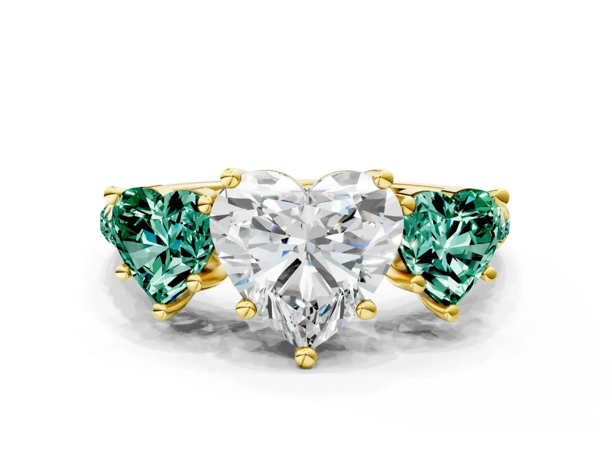 Three-Stone Heart Cut Diamond Ring with Round Green Sapphire Pavé Band and Prong Setting Yellow gold