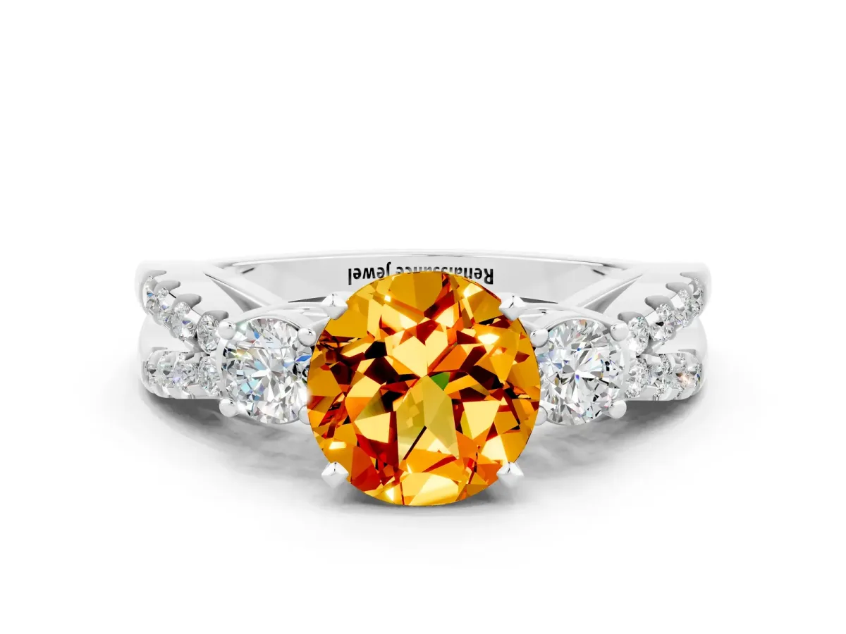 Round Cut Citrine Three-Stone Ring with Pavé Split Shank and Four-Prong Setting Silver