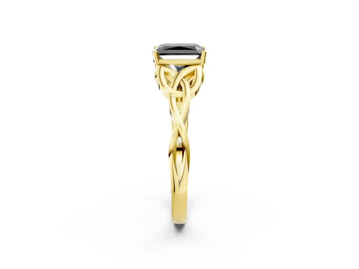 Fancy Black Radiant Cut Diamond Solitaire Engagement Ring with Celtic Knot Band and Four-Prong Setting Yellow gold