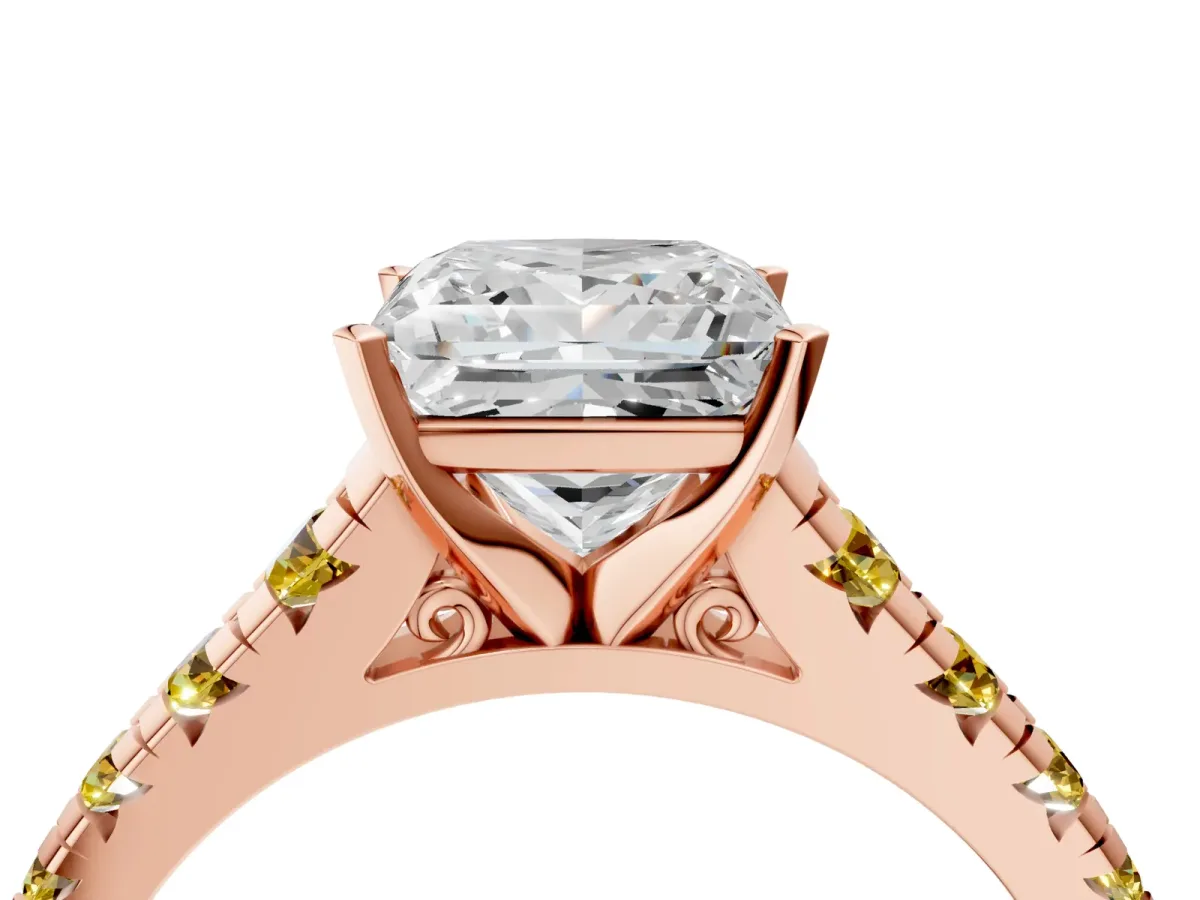 Princess Cut Diamond Cathedral Solitaire Ring with Round Yellow Sapphire Pavé Band Rose gold