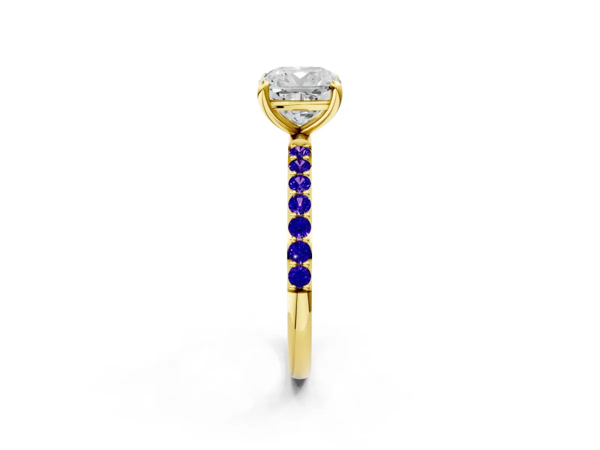 Cushion Cut Diamond Solitaire Ring with Round Tanzanite Pavé Band and Prong Setting Yellow gold