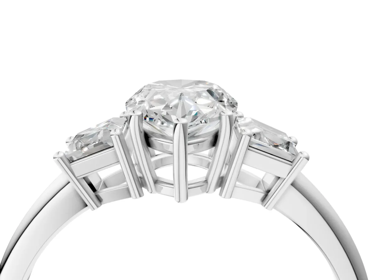 Pear Cut Diamond Three-Stone Ring with Trapezoid Side Stones and Prong Setting Platinum