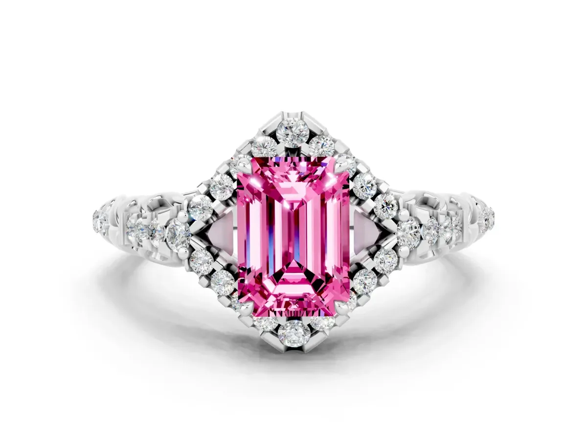 Emerald Cut Pink Sapphire Solitaire Ring with Hidden Halo and Pavé Band White gold