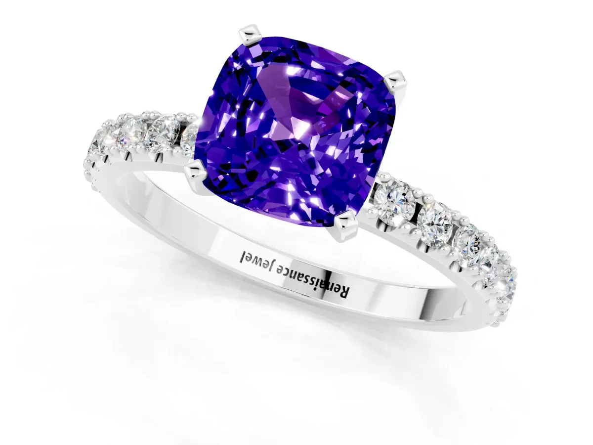 Cushion Cut Tanzanite Solitaire Pavé Band with Four-Prong Setting Silver