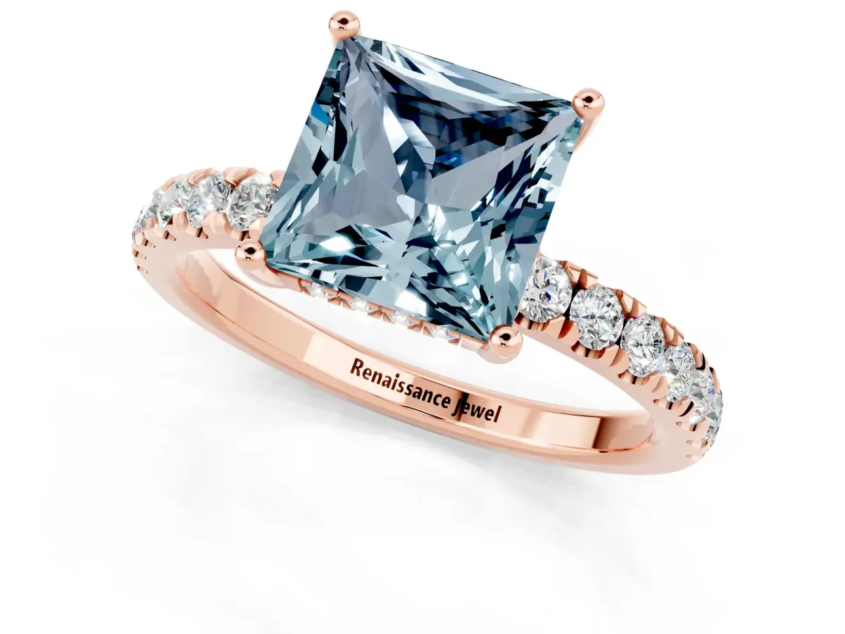 Princess Cut Aquamarine Pave Band Solitaire Ring with Round and Prong Setting Rose gold