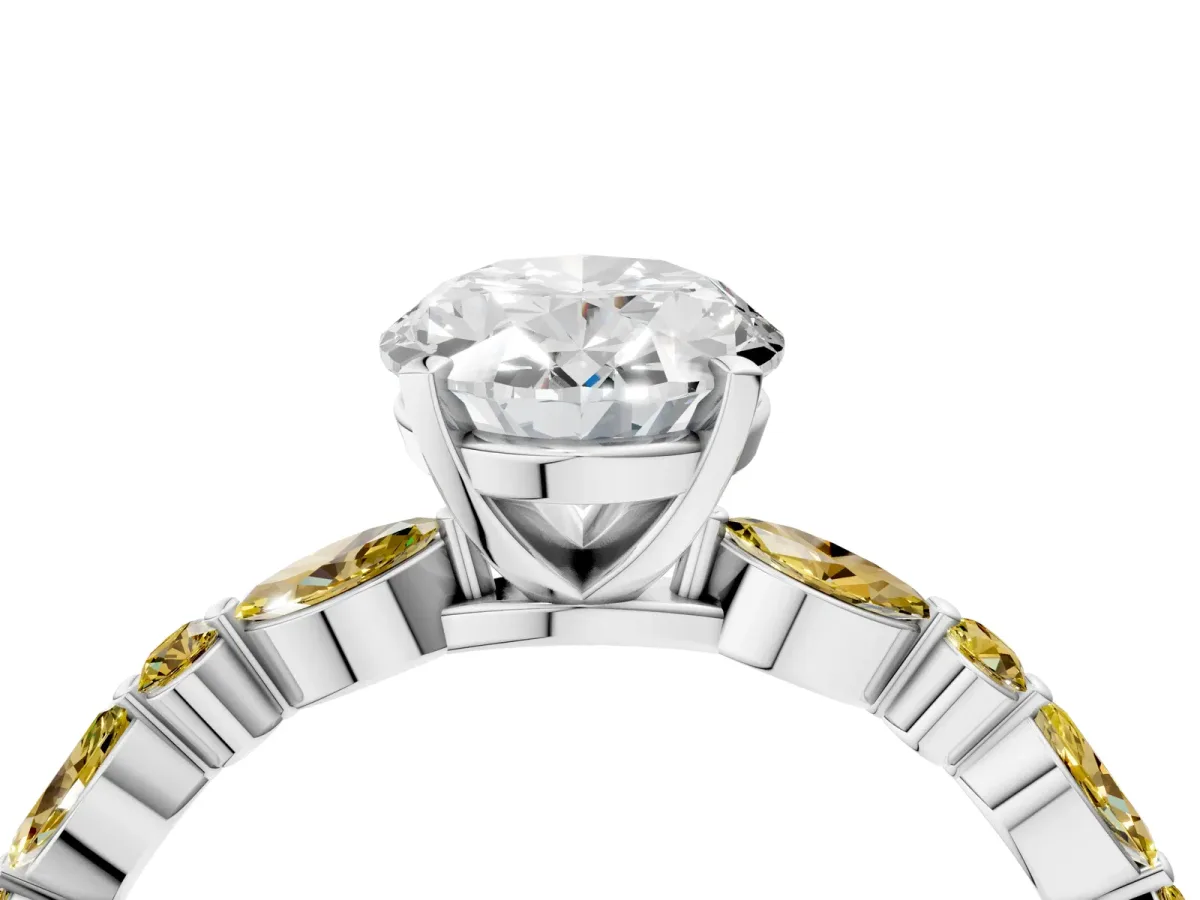 Oval Cut Diamond Ring with Marquise and Round Yellow Sapphire Side Stones and Four-Prong Setting White gold