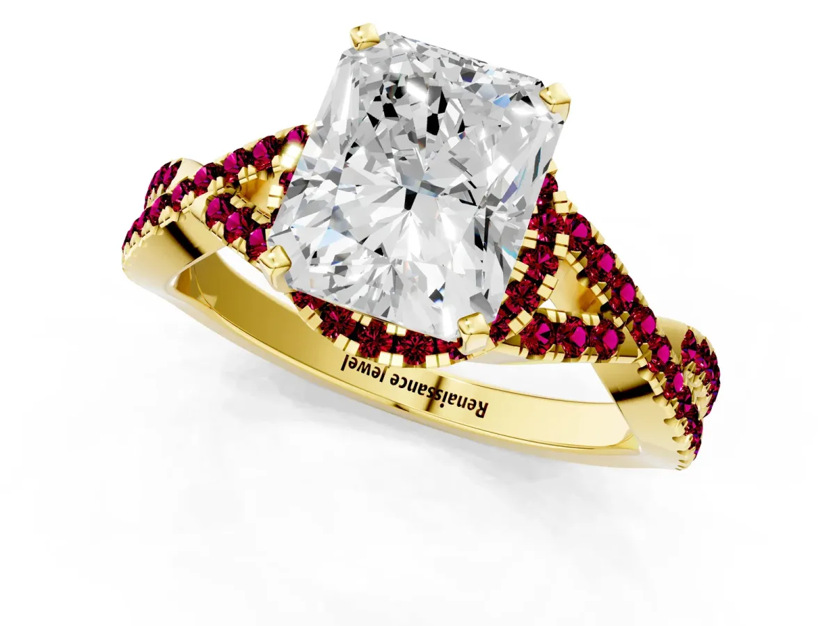 Radiant Cut Diamond Garnet Halo Twist Band Solitaire Prong Setting Ring Yellow gold
