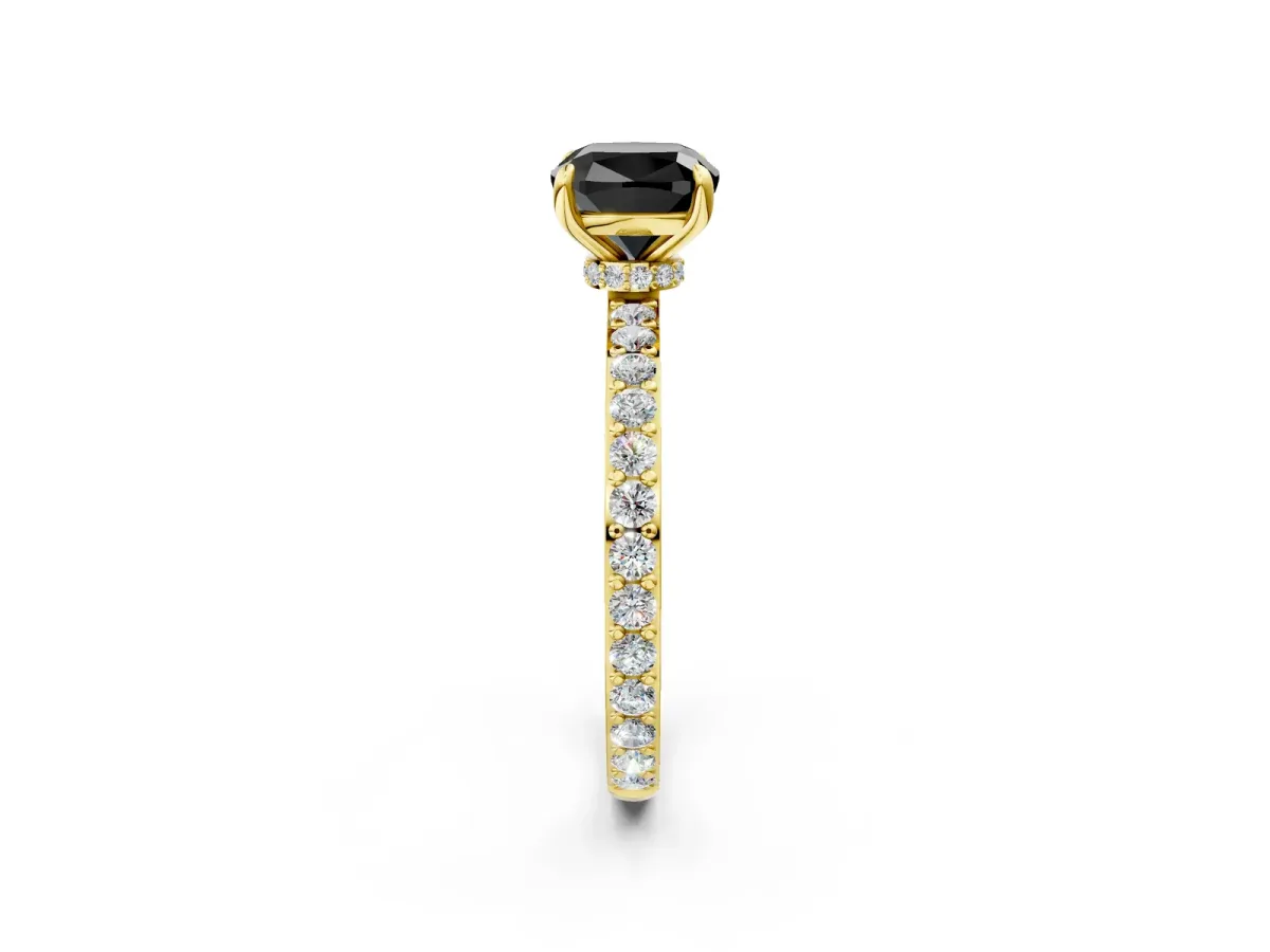 Fancy Black Cushion Cut Diamond Solitaire Engagement Ring with Pavé Band and Four-Prong Setting Yellow gold