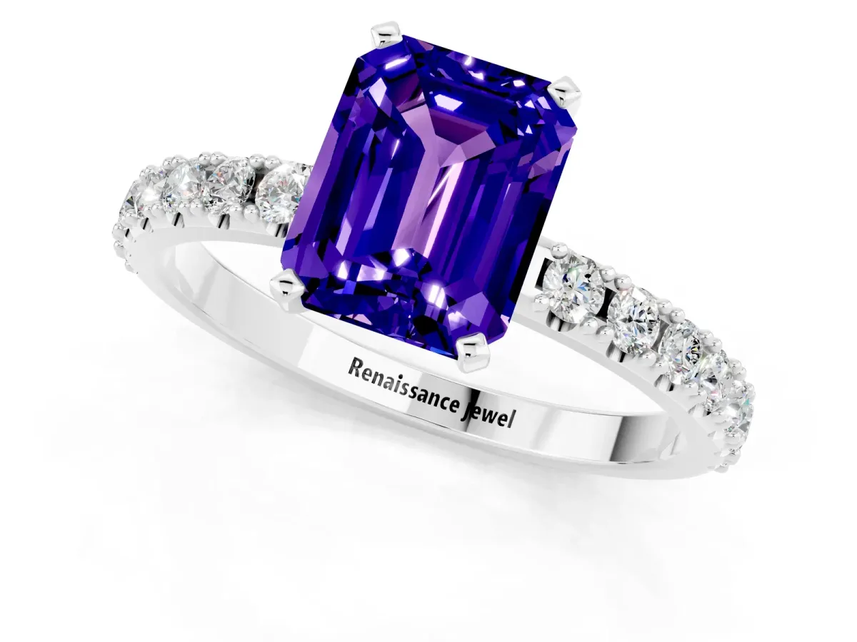 Emerald Cut Tanzanite Solitaire Pavé Band with Four-Prong Setting White gold