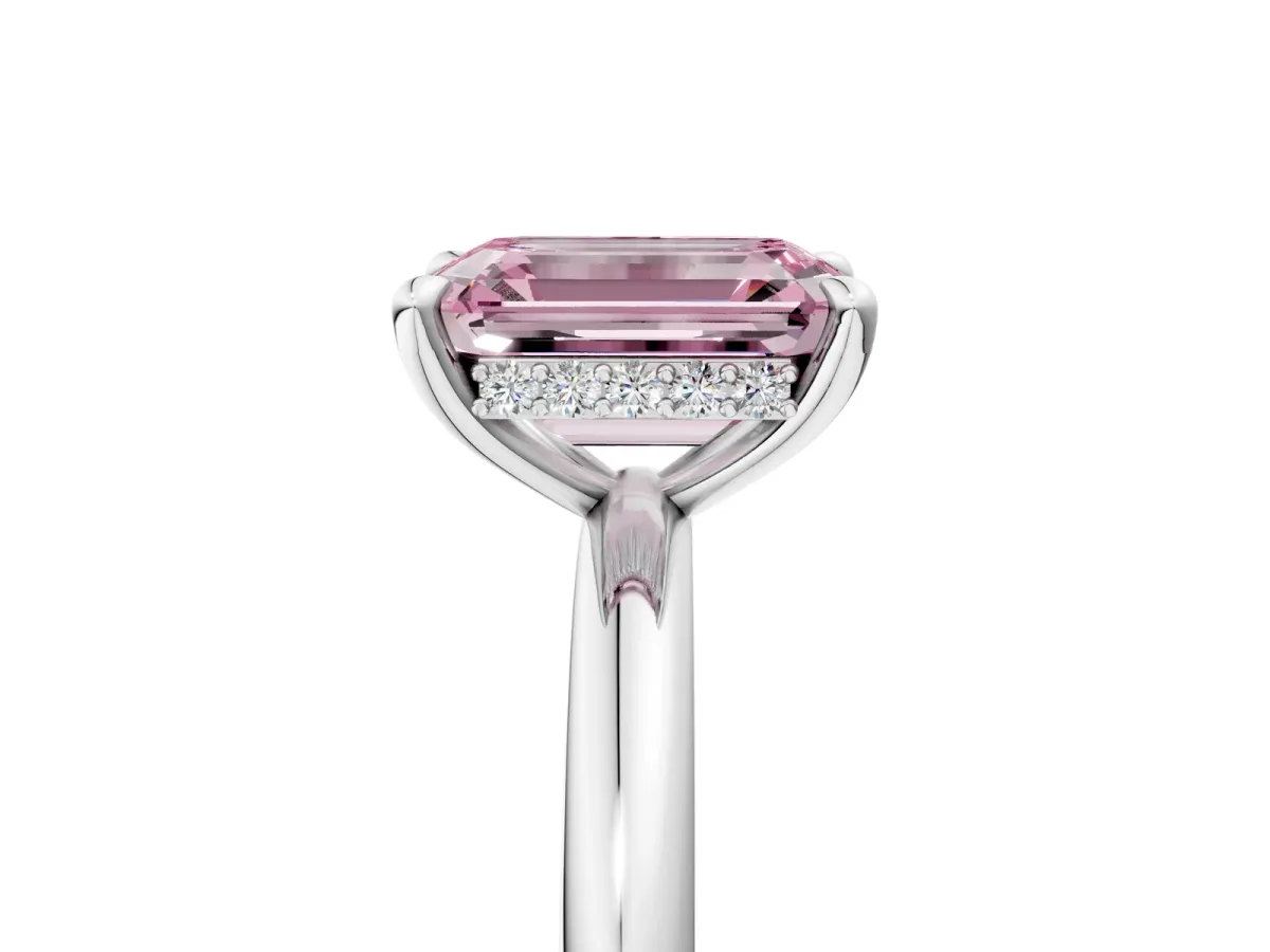 Fancy Pink Emerald Cut Diamond Solitaire Ring with Thin Band and Four-Prong Setting White gold