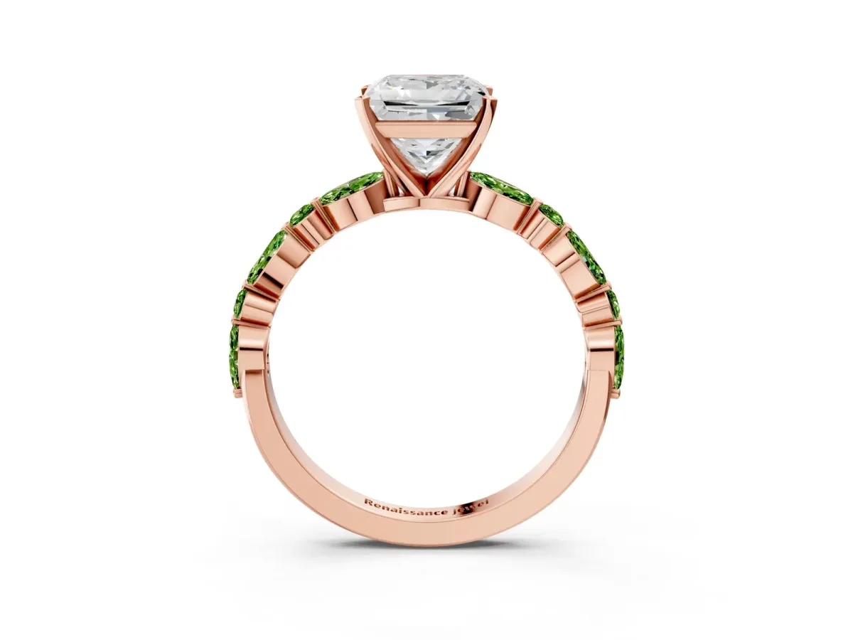 Princess Cut Diamond Ring with Marquise and Round Peridot Side Stones and Four-Prong Setting Rose gold