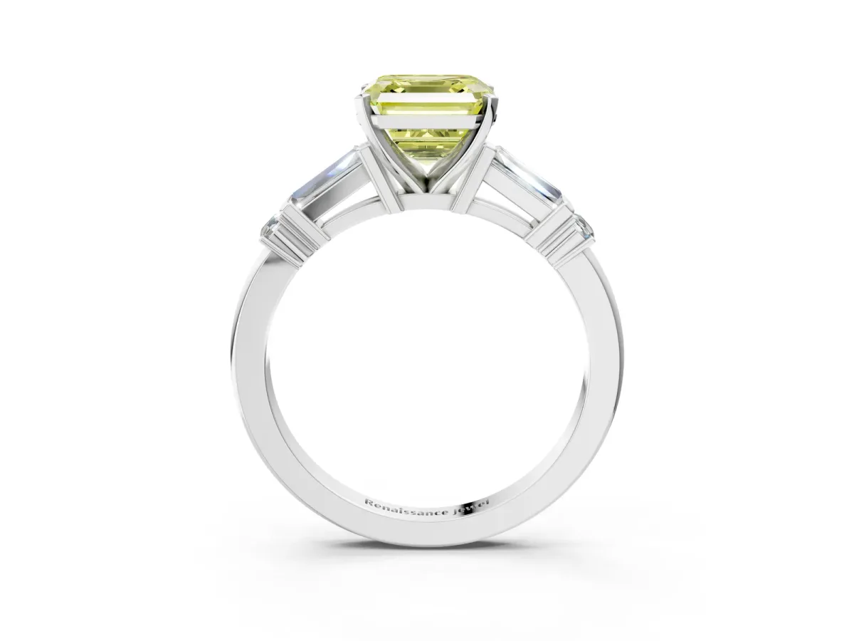 Fancy Yellow Asscher Cut Cut Diamond Ring with Baguette Side Stones, Channel Set Band, and Four-Prong Setting Platinum