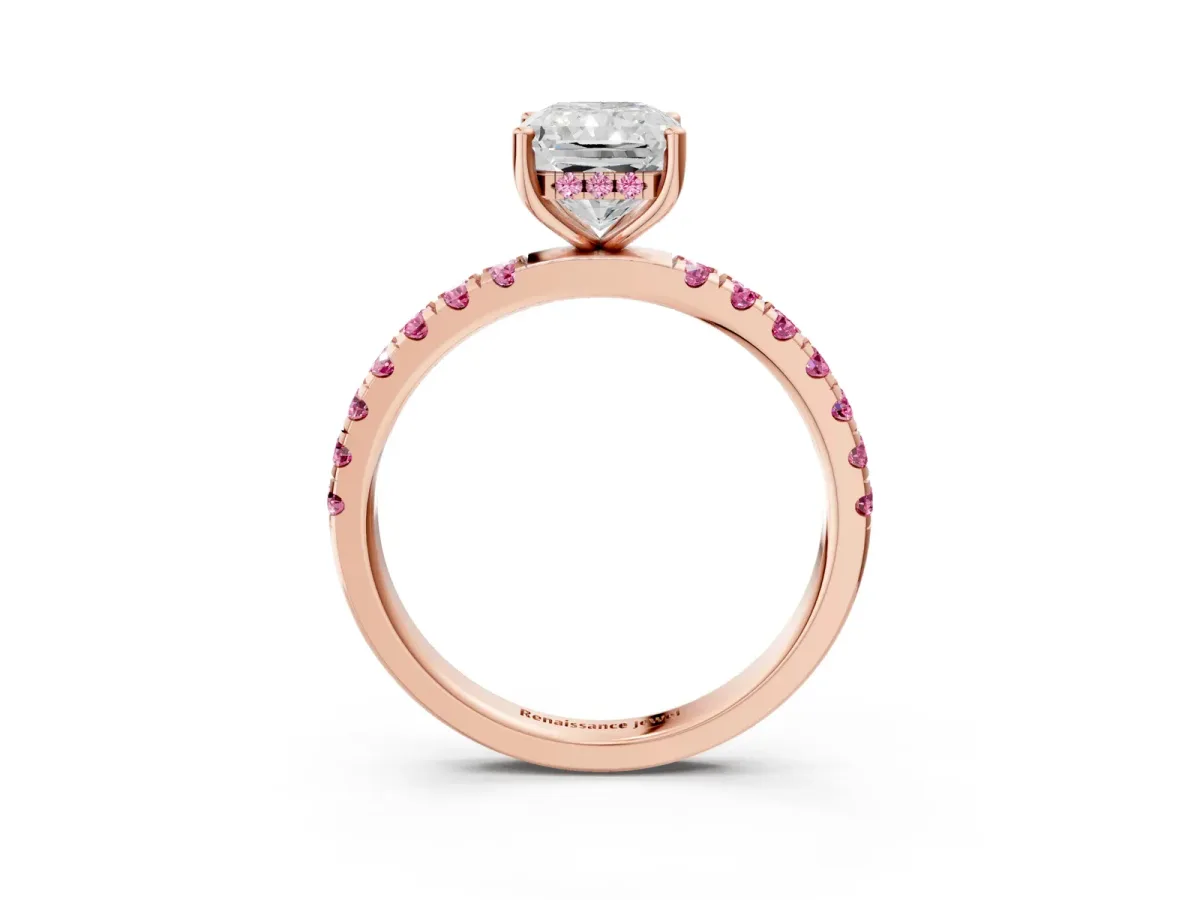 Radiant Cut Diamond Pave Band Solitaire Ring with Round Pink Sapphire and Prong Setting Rose gold