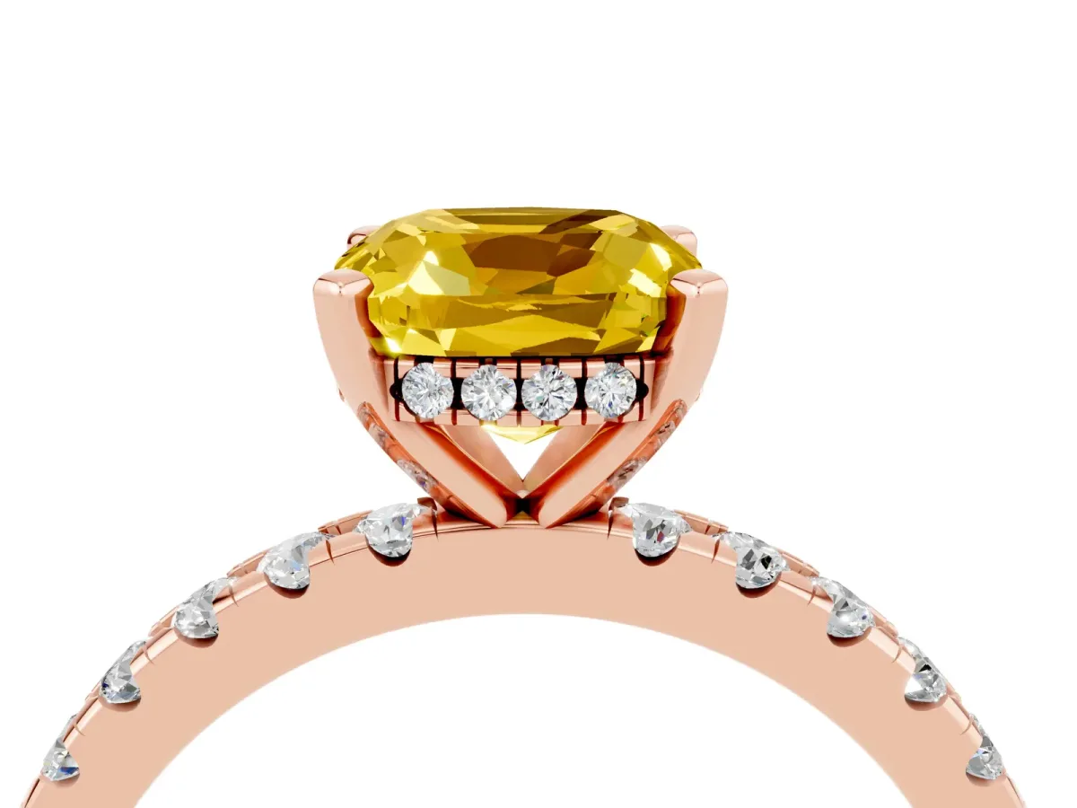 Cushion Cut Yellow Sapphire Solitaire Ring with Round Pavé Band and Four-Prong Setting Rose gold