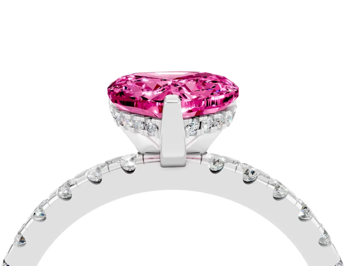Heart Cut Pink Sapphire Solitaire Ring with Round Pavé Band and Four-Prong Setting White gold