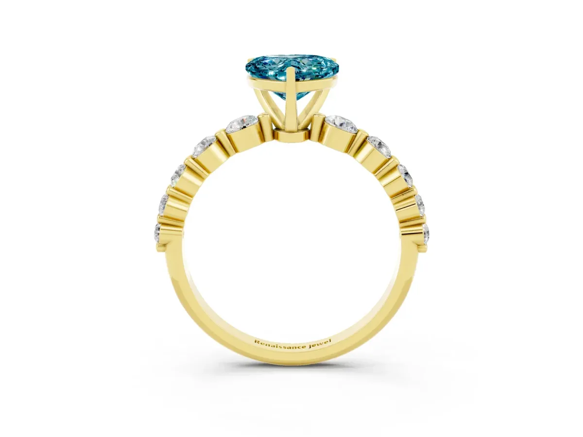 Heart Cut Solitaire Blue Topaz Ring with Pave Band and Four-Prong Setting Yellow gold