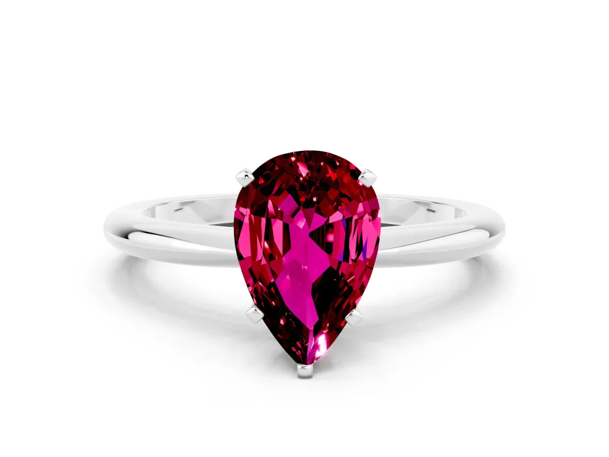 Pear Cut Garnet Solitaire Ring with Six-Prong Setting and Classic Band Platinum