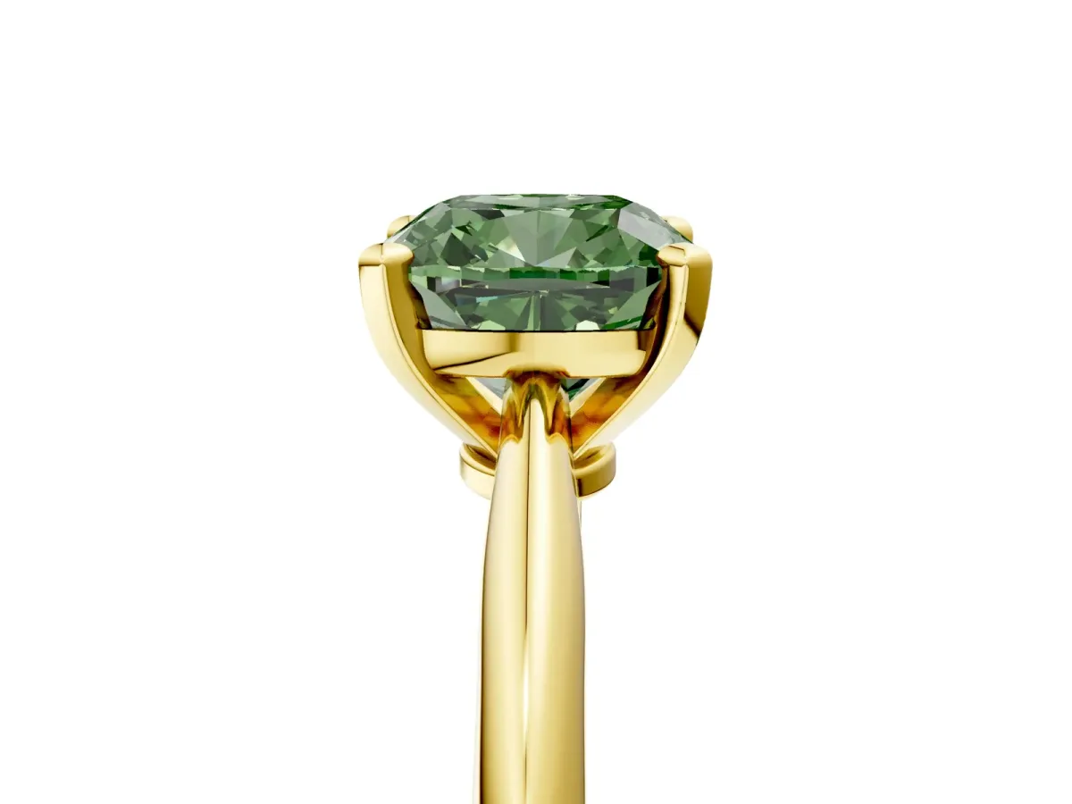 Fancy Green Cushion Cut Diamond Solitaire Engagement Ring with Classic Band and Four-Prong Setting Yellow gold