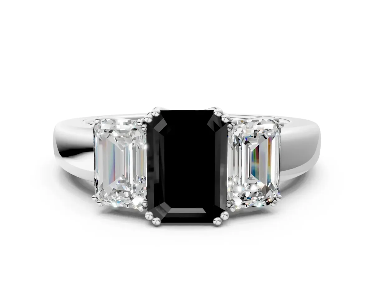 Fancy Black Three-Stone Emerald Cut Cut Diamond Ring with Channel Set Band and Four-Prong Setting Platinum