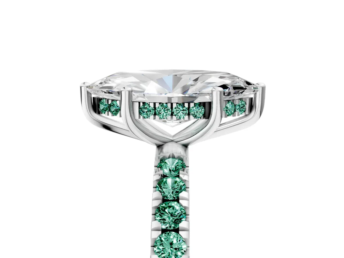 Marquise Cut Diamond Pave Band Solitaire Ring with Round Green Sapphire and Prong Setting White gold