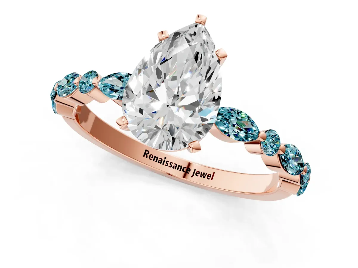 Pear Cut Diamond Ring with Marquise and Round Blue Topaz Side Stones and Four-Prong Setting Rose gold