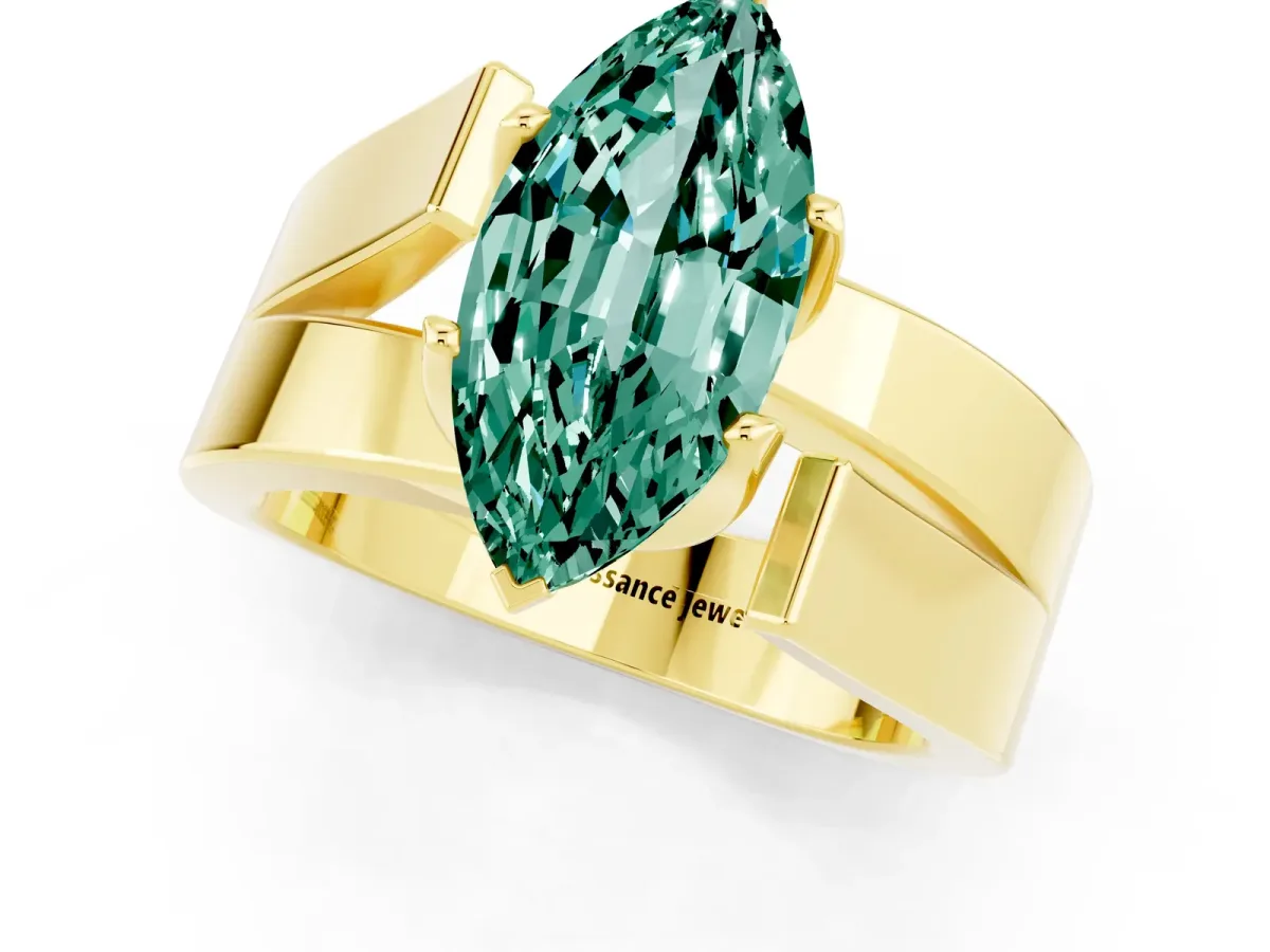 Modern Tension Set Marquise Cut Green Sapphire Solitaire Wide Band Ring Yellow gold