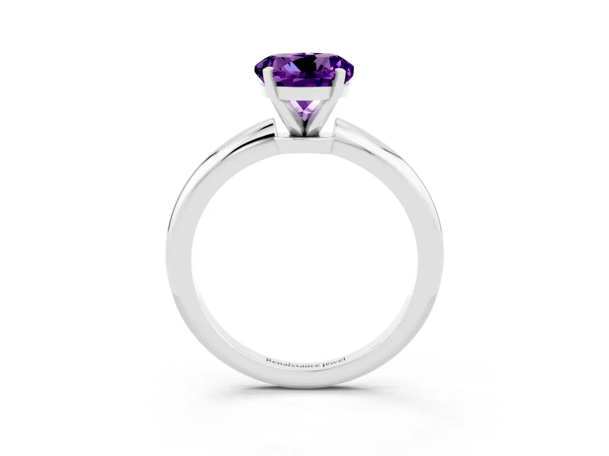 Round Cut Amethyst Solitaire Ring with Six-Prong Setting and Classic Band Platinum