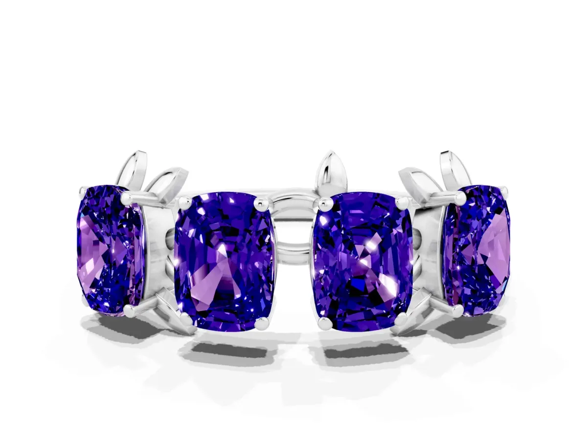 Four-Stone Elongated Cushion Tanzanite Band with Nature-Inspired Prong Setting White gold