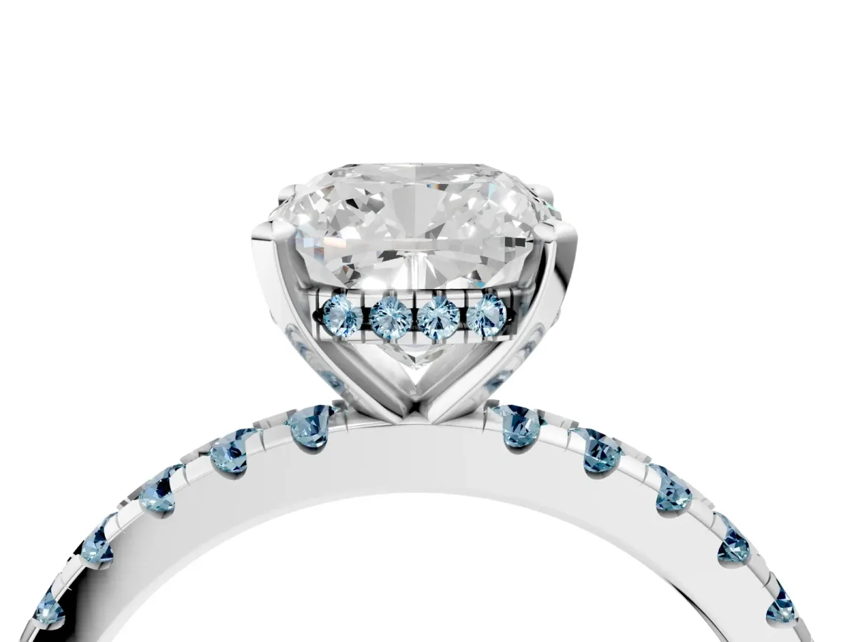 Cushion Cut Diamond Solitaire Ring with Round Aquamarine Pavé Band and Four-Prong Setting Platinum