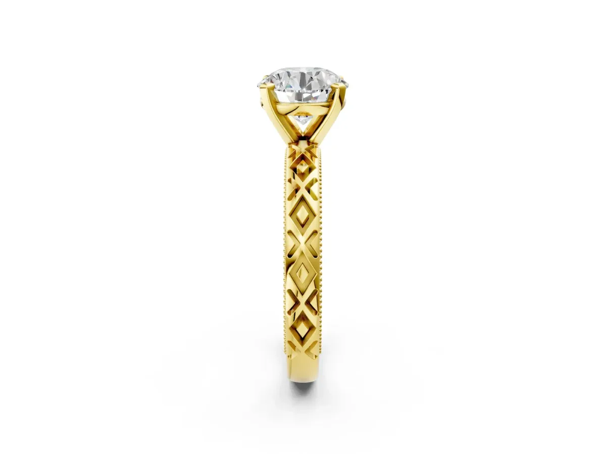 Round Cut Solitaire Diamond Ring with Milgrain and Black Enamel X Pattern Band Yellow gold