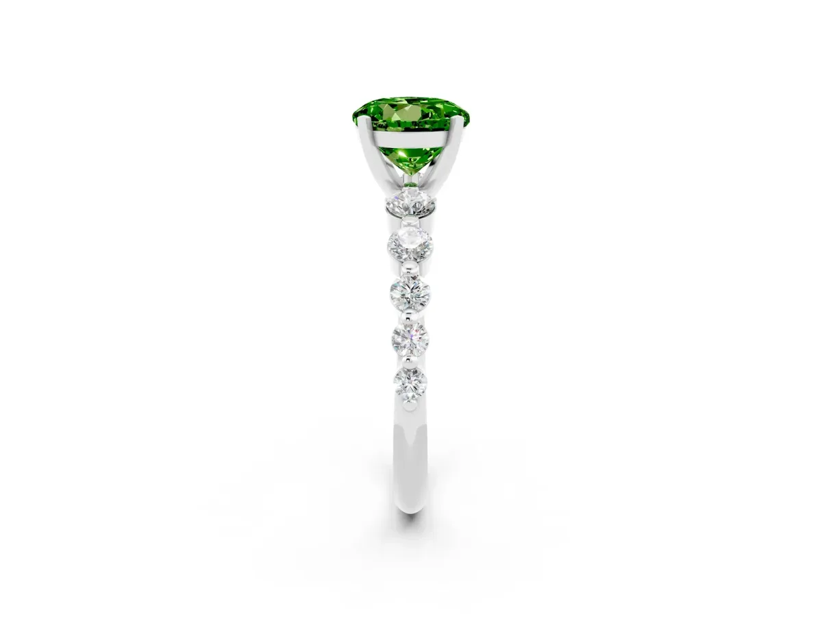 Round Cut Solitaire Peridot Ring with Pave Band and Four-Prong Setting Platinum