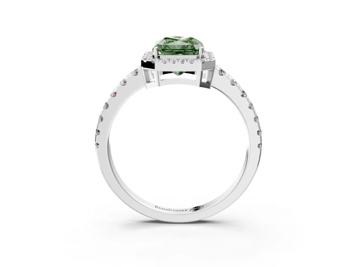 Fancy Green Radiant Cut Diamond Halo Ring with Pavé Band and Four-Prong Setting Platinum